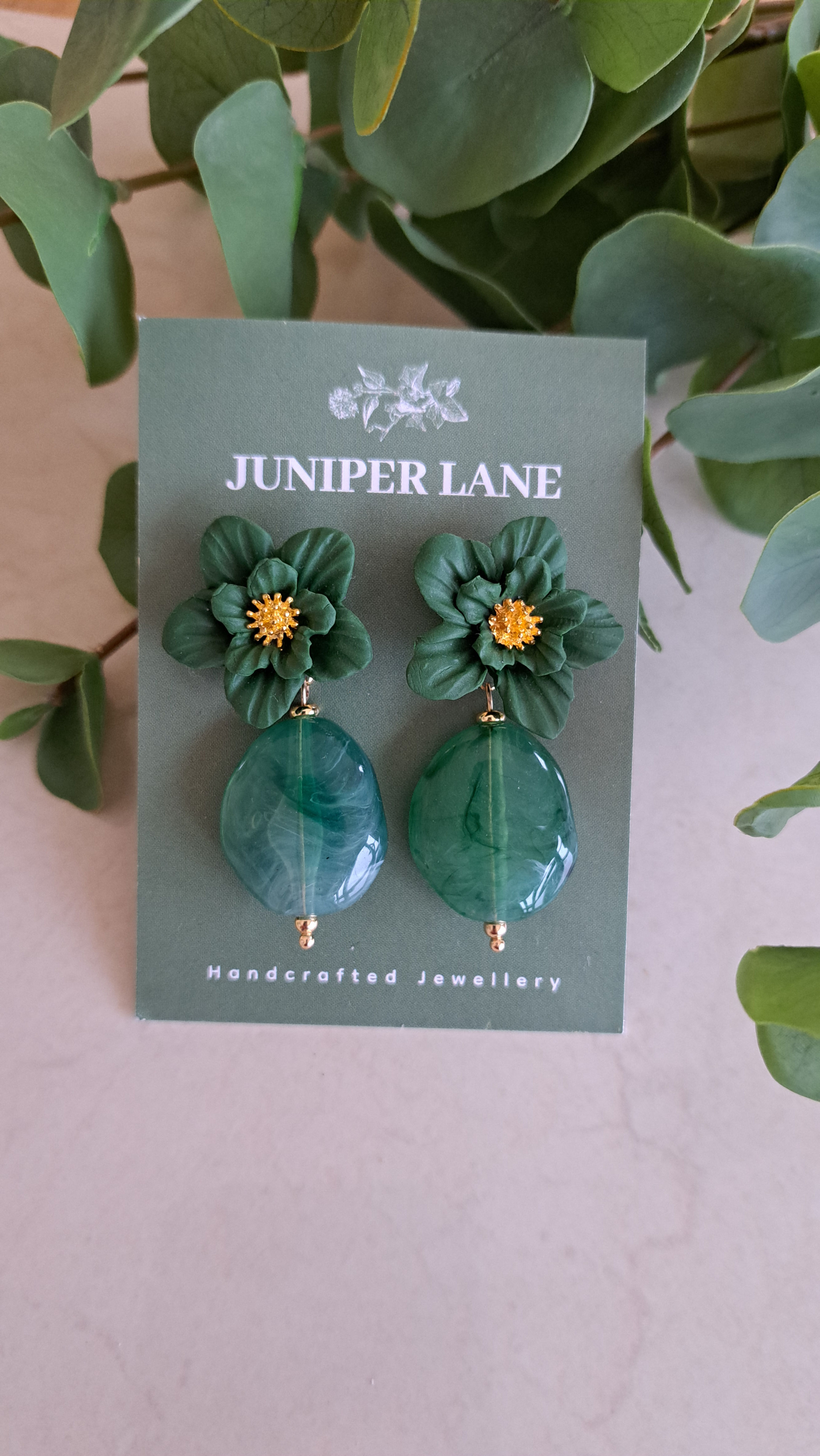 Forest green floral drop earrings