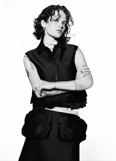 May-A wearing Miu Miu for Harper's Bazaar Photographed by Hector Clarke and Styled by Ewan Bell