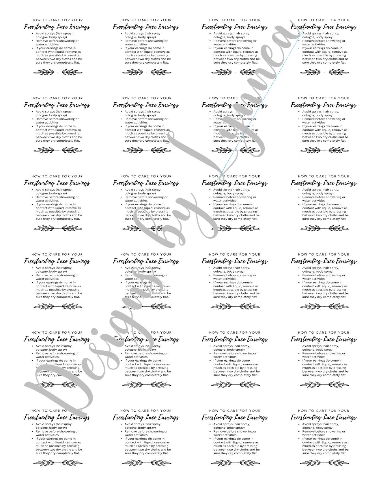 Free Standing Lace Earring Care Card