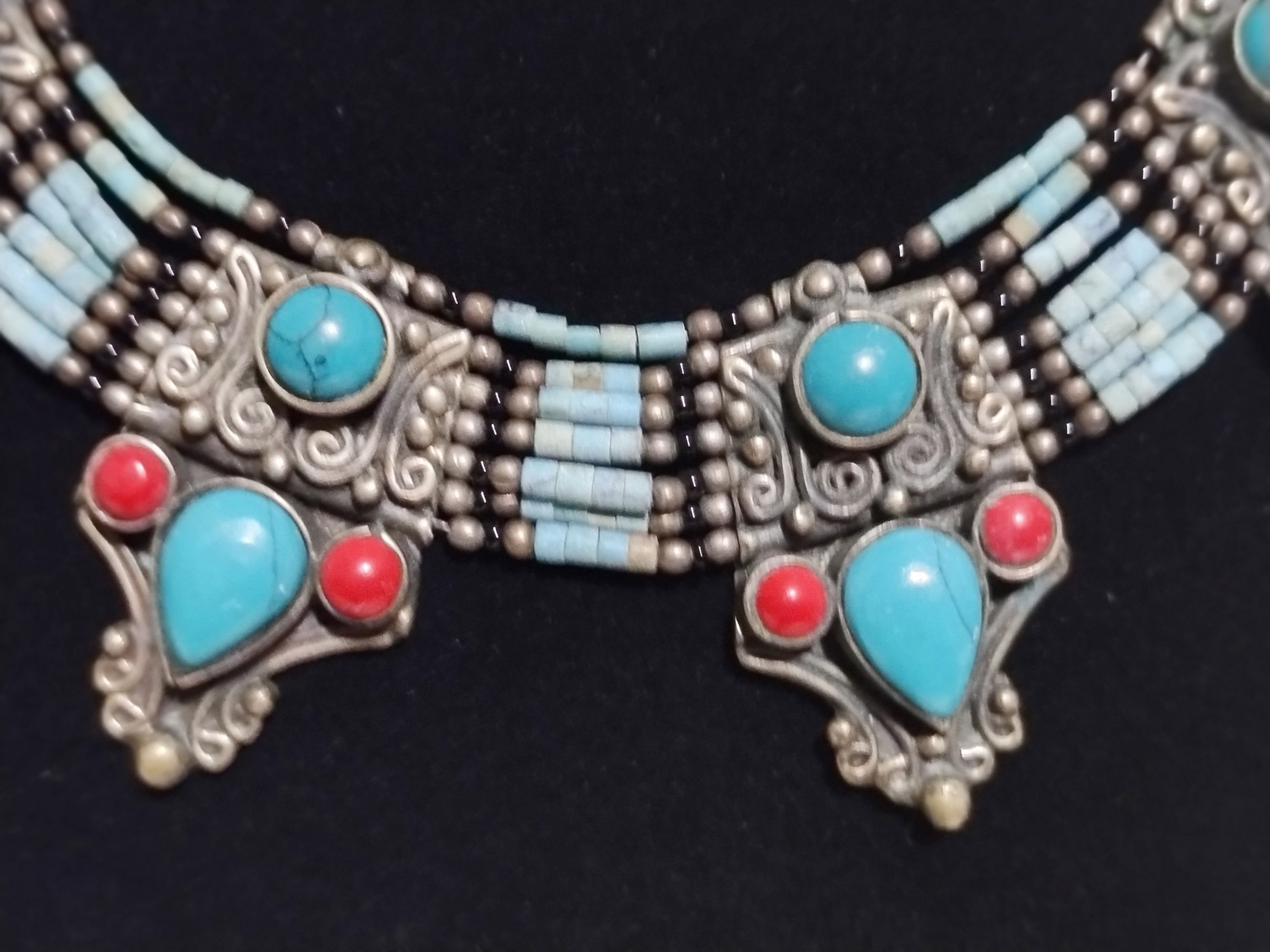 Turquoise, Coral, Howlite, and Silver Necklace