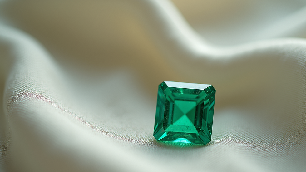 High angle view of a princess cut emerald resting on a neutral fabric