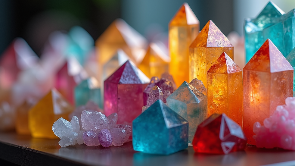 Close-up view of colorful crystal specimens on display