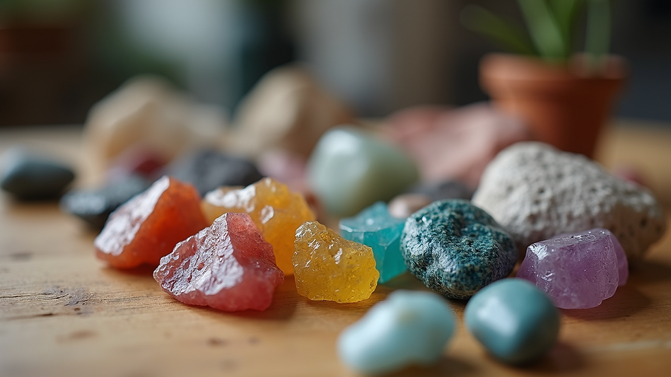 Eye-level view of a colorful rock and mineral kit laid out on a wooden table