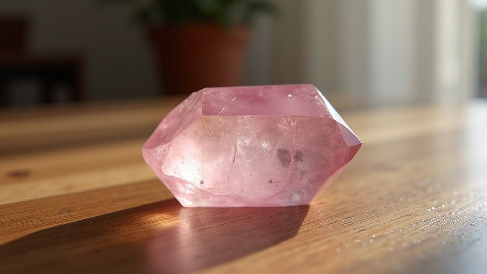 Eye-level view of a polished rose quartz crystal on a wooden surface