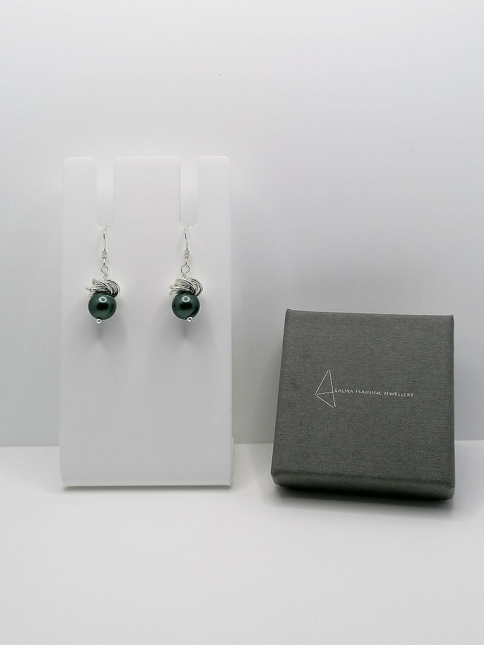 Sterling Silver Dark Green Shell Pearl Thistle Earrings 