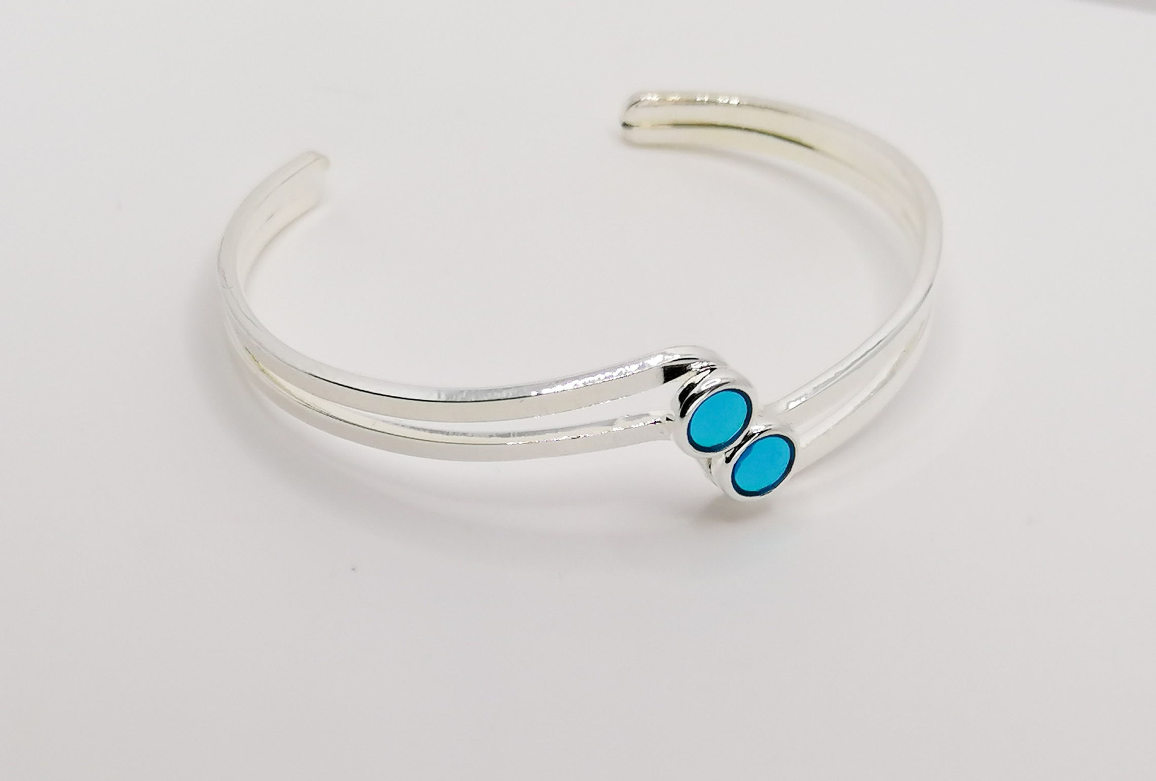 Silver Plated Split Resin Duo Bangle - Transparent Teal Blue 