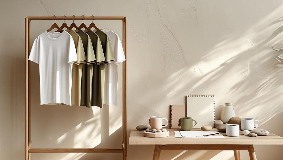 Minimalist workspace setup for a custom printing studio. On the left, a wooden clothing ra