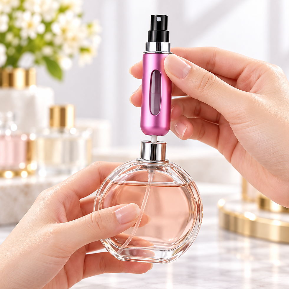 Detalhe da base recarregável do mini frasco de perfume para viagem