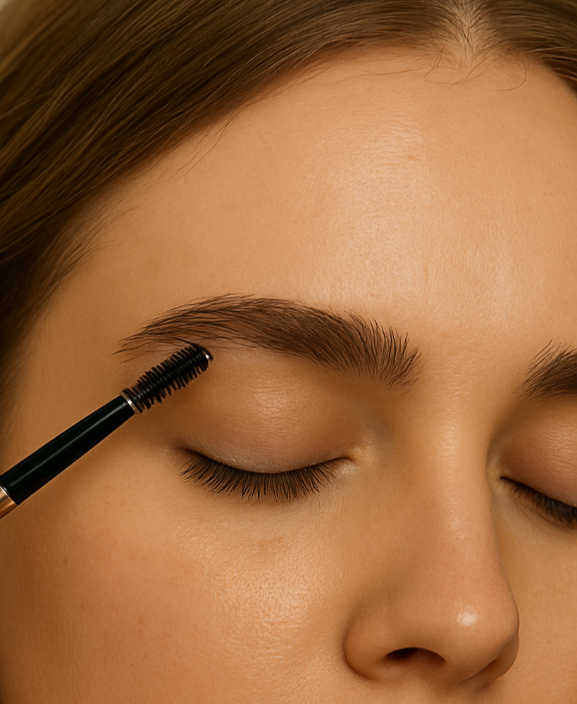 Eye-level view of a model showcasing natural-looking brows