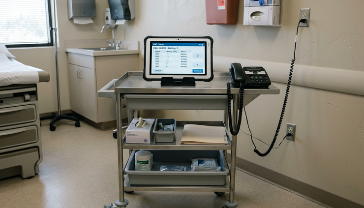 Eye-level view of a tablet and corded handset on a medical supply cart in an exam room
