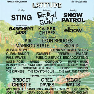 Poster for Latitude festival against a background illustration of a lake and greenery