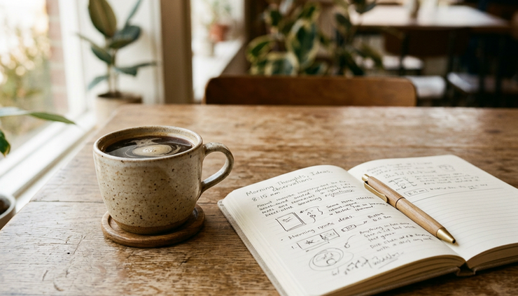Eye-level view of a coffee cup beside an open notebook on a wooden cafe table