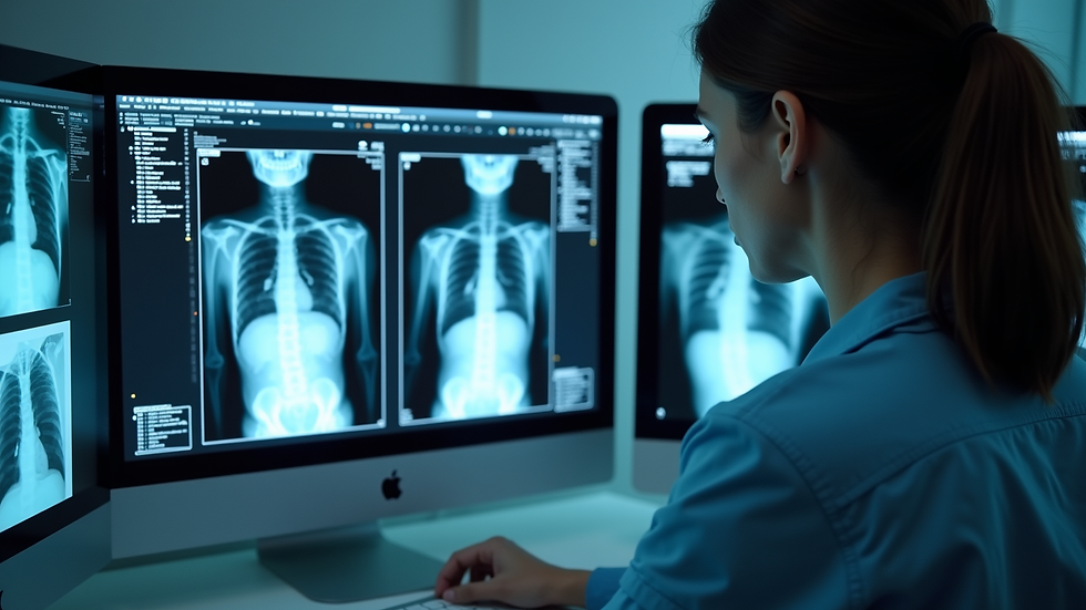 Close-up view of a radiologist analyzing digital X-ray images on a computer screen