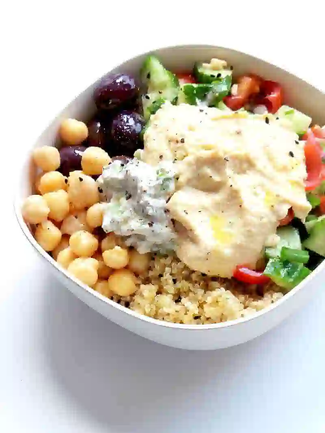 white bowl of 5-Minute Mediterranean Bowl