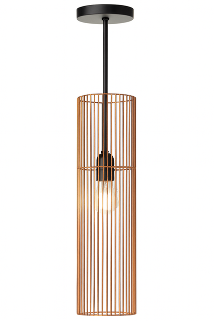Custom wood pendant light with vertical slats crafted by DOUA Design, a bespoke lighting manufacturer.
