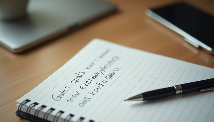 Eye-level view of a notebook with handwritten goals and a pen on a wooden desk
