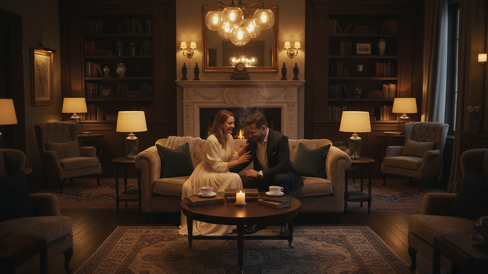 eye-level view of elegant lounge interior with dim lighting