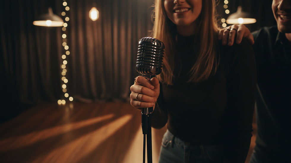 close-up view of microphone on karaoke stage