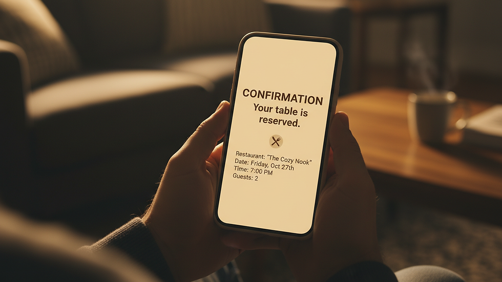 Close-up view of a smartphone screen showing a reservation confirmation message