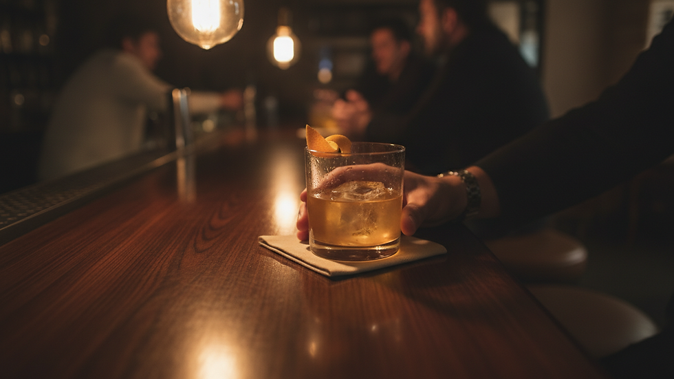 Close-up view of a premium cocktail glass on a bar counter