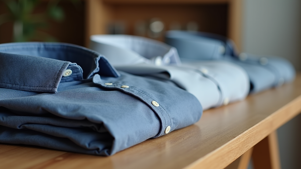 eye-level view of folded men's casual shirts on a wooden table