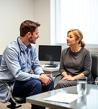 Only two people in the picture. Male nurse and female patient talking to each other, i tis