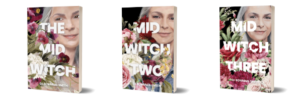 Three paperback books titled, The Mid Witch,MidWitch Two, Mid Witch Three. The covers have a mature woman's face with grey hair and flowers.