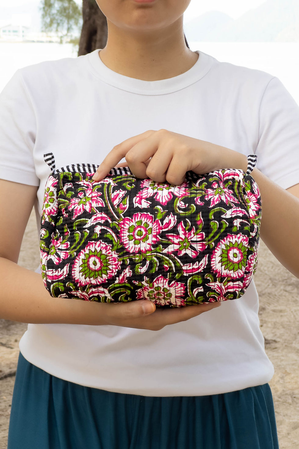 Thumbnail: NAPEL Midnight Bloom Quilted Cotton Pouch Set | 3-Piece Cosmetic Bag