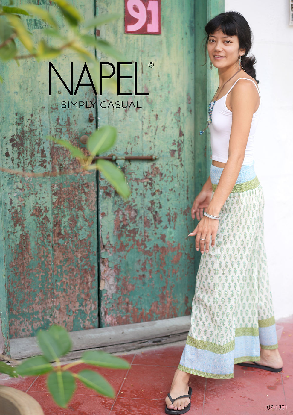 Thumbnail: 100% Cotton Block Print Wide-Leg Pants – Sage Green & Sky Blue