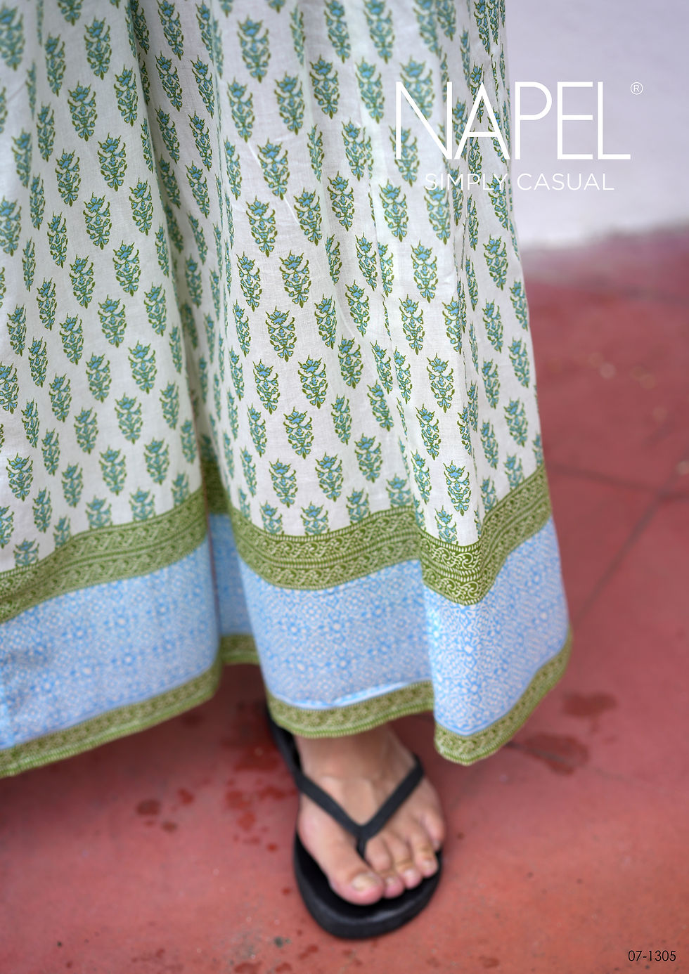 Thumbnail: 100% Cotton Block Print Wide-Leg Pants – Sage Green & Sky Blue