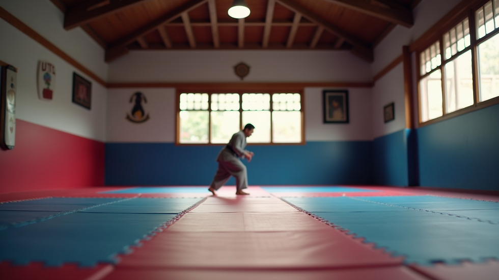 Eye-level view of a martial arts dojo with training mats