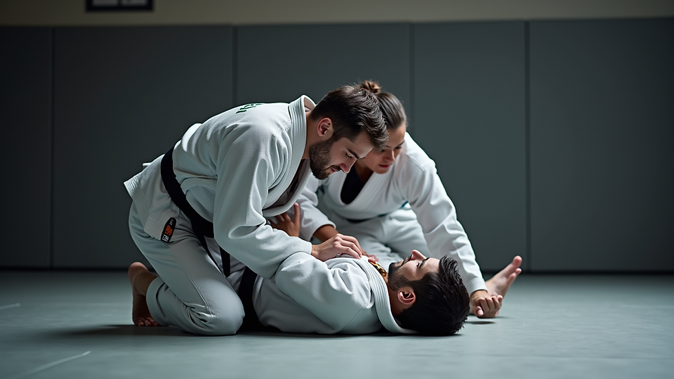 Eye-level view of a jiu-jitsu instructor demonstrating a technique