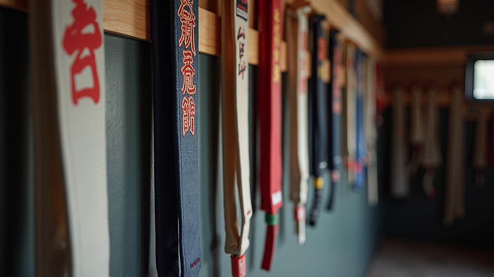 High angle view of martial arts belts hanging on a wall