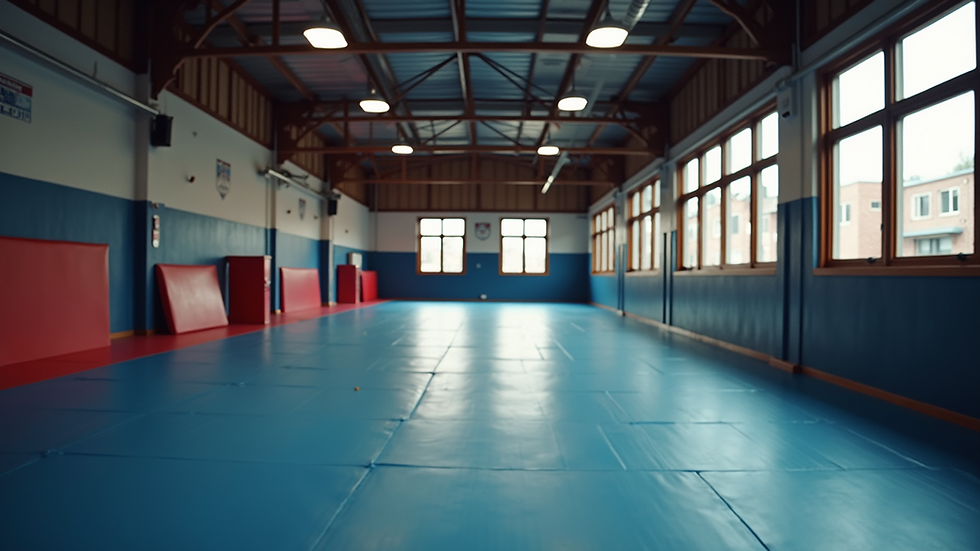 Wide angle view of a local jiu-jitsu academy interior