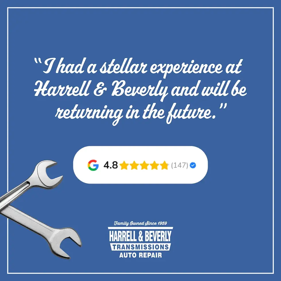 Blue background with a wrench and a testimonial from a customer praising Harrell & Beverly Auto Repair. Displays a 4.8-star Google rating. Text says "I had a stellar experience at Harrell & Beverly and will be returning in the future."