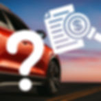 A vehicle on the road in the background with vector symbols of a document, a magnifying glass, and a question mark.