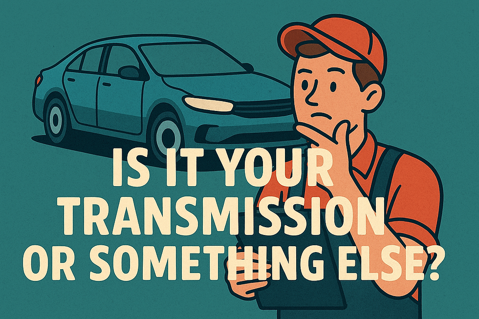 A digital illustration showing a modern car. A mechanic stands nearby, ready to help. Centered text reads “Is It Your Transmission or Something Else?"