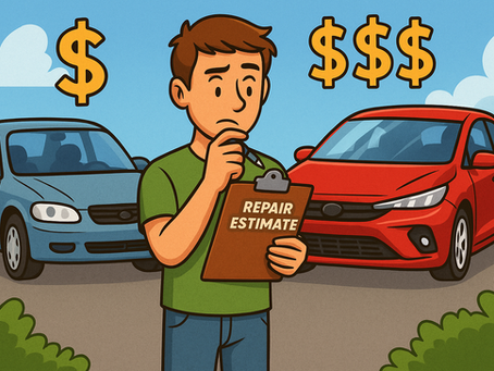 A cartoon-style digital illustration of a person standing between two cars: one a few years older but very well-maintained, with one dollar sign above it. The other car is new and shiny but with three dollar signs above it. The person is thoughtfully looking at a clipboard with a repair estimate, highlighting the financial choice.