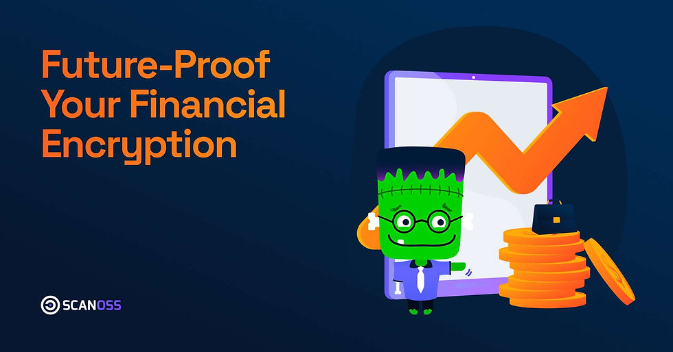 Cartoon character with green skin stands by a screen showing an upward graph. Text reads "Future-Proof Your Financial Encryption."
