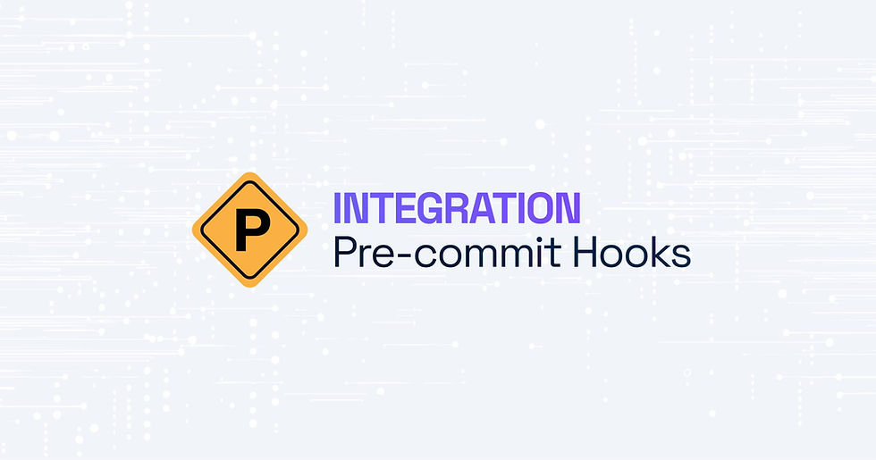 Precommit logo next to text "INTEGRATION Pre-commit Hooks" on a light abstract background with dots and lines.