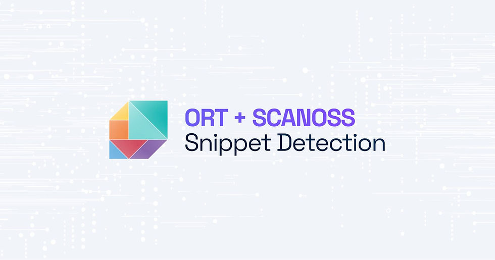 Geometric logo with colorful triangles beside text "ORT + SCANOSS Snippet Detection" on a light, tech-patterned background.