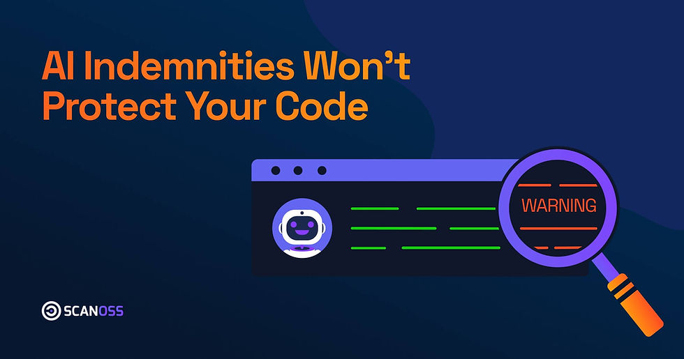 AI graphic with warning icon highlights "AI Indemnities Won’t Protect Your Code" text. Dark blue background, orange and purple accents.