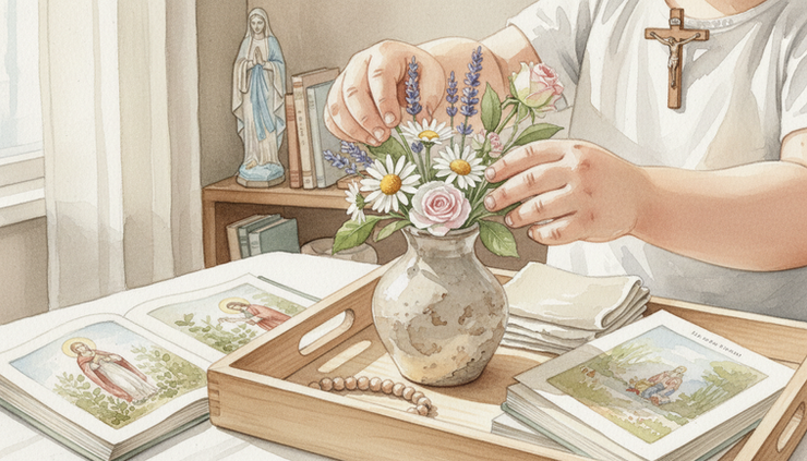 Close-up view of small hands arranging flowers beside a wooden tray and picture books.