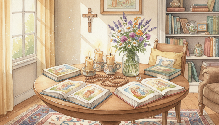 Wide-angle view of a family table set with books, candles, flowers, and a small crucifix.