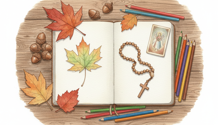 Overhead view of a child’s nature journal beside acorns, leaves, coloured pencils, and a rosary.