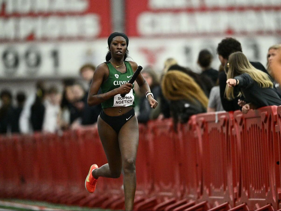Runner in a green uniform holds a baton, focused amid a cheering indoor track crowd. Red barriers and blurred banners in the background.