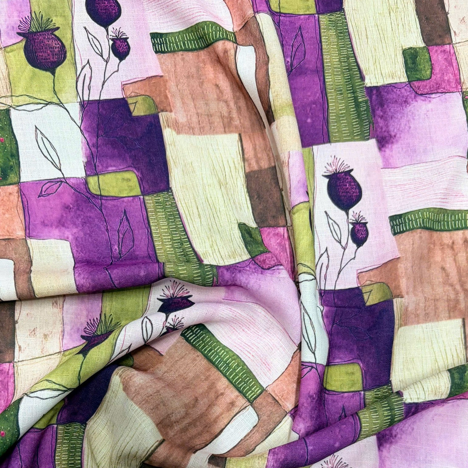 Abstract Gumnut Violet Silk Linen 2 Meter Remnant