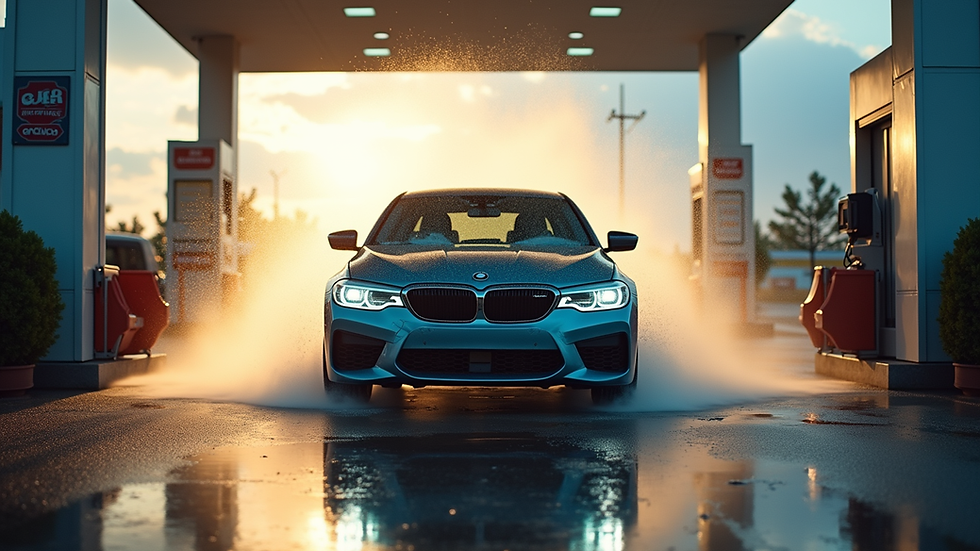 Eye-level view of car being washed at a local service station