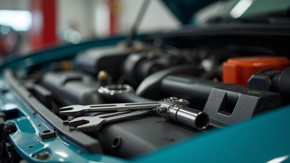 Close-up view of a mobile mechanic’s toolkit laid out on a vehicle bonnet