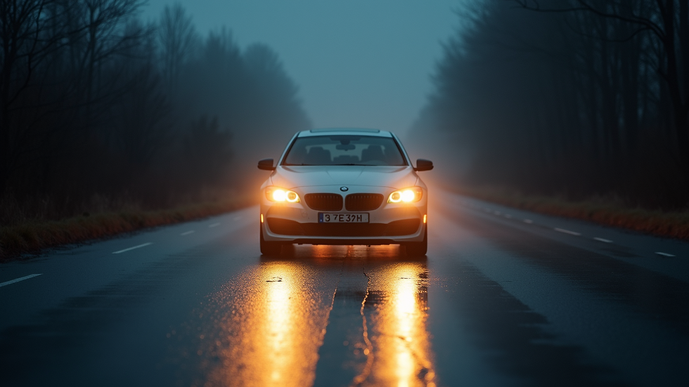 Eye-level view of car headlights shining on a wet road